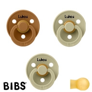 BIBS Colour Schnuller mit Namen, Gr. 2, 2 Khaki, 1 Caramel, Rund Latex, (3er Pack)
